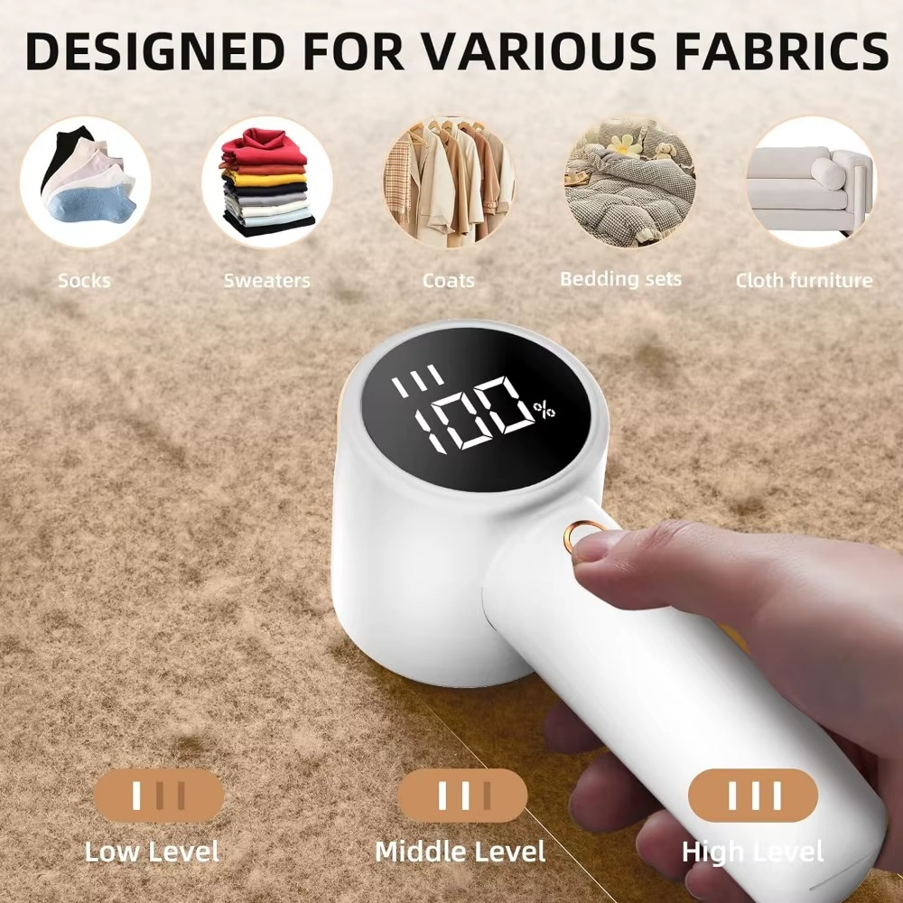 Electric Lint Remover, LCD Digital Display, Removes Hair for 3 Adjustable Power Levels, 6 Blades for Various Fabrics, White