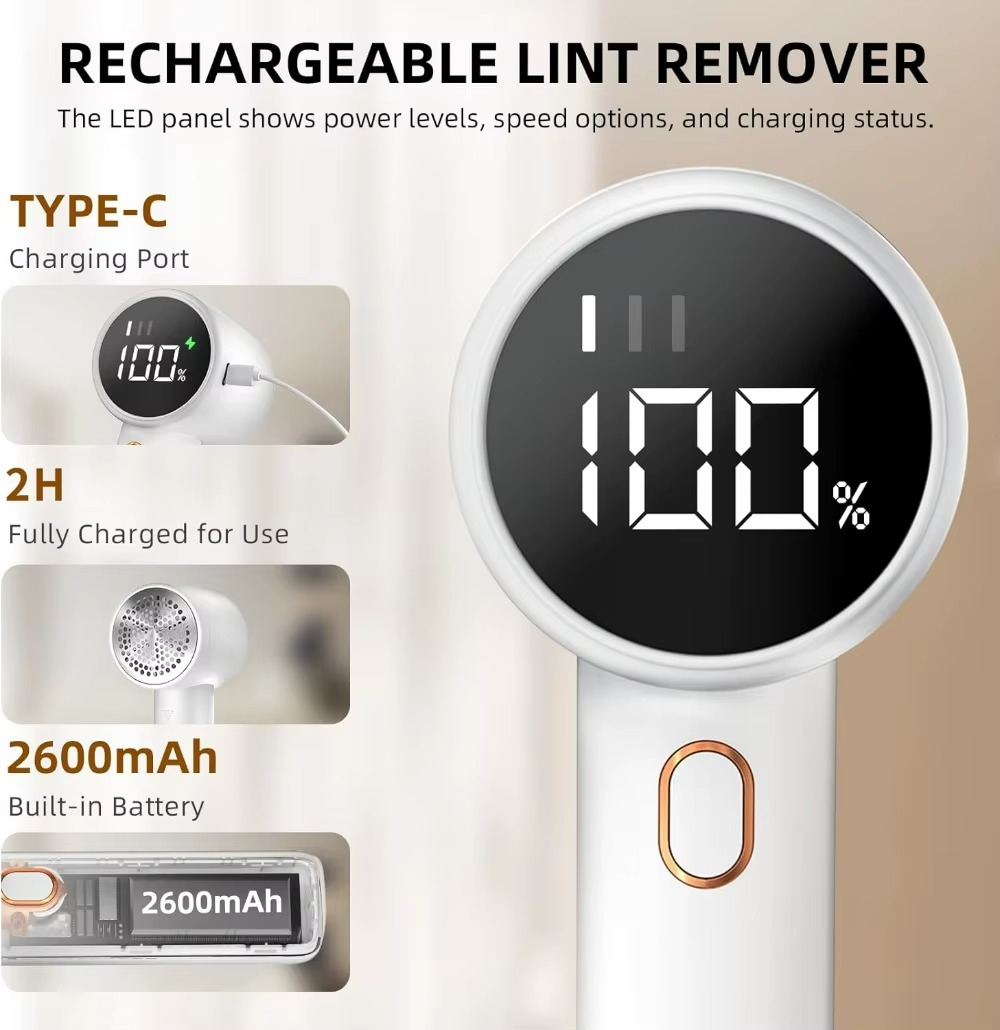 Electric Lint Remover, LCD Digital Display, Removes Hair for 3 Adjustable Power Levels, 6 Blades for Various Fabrics, White