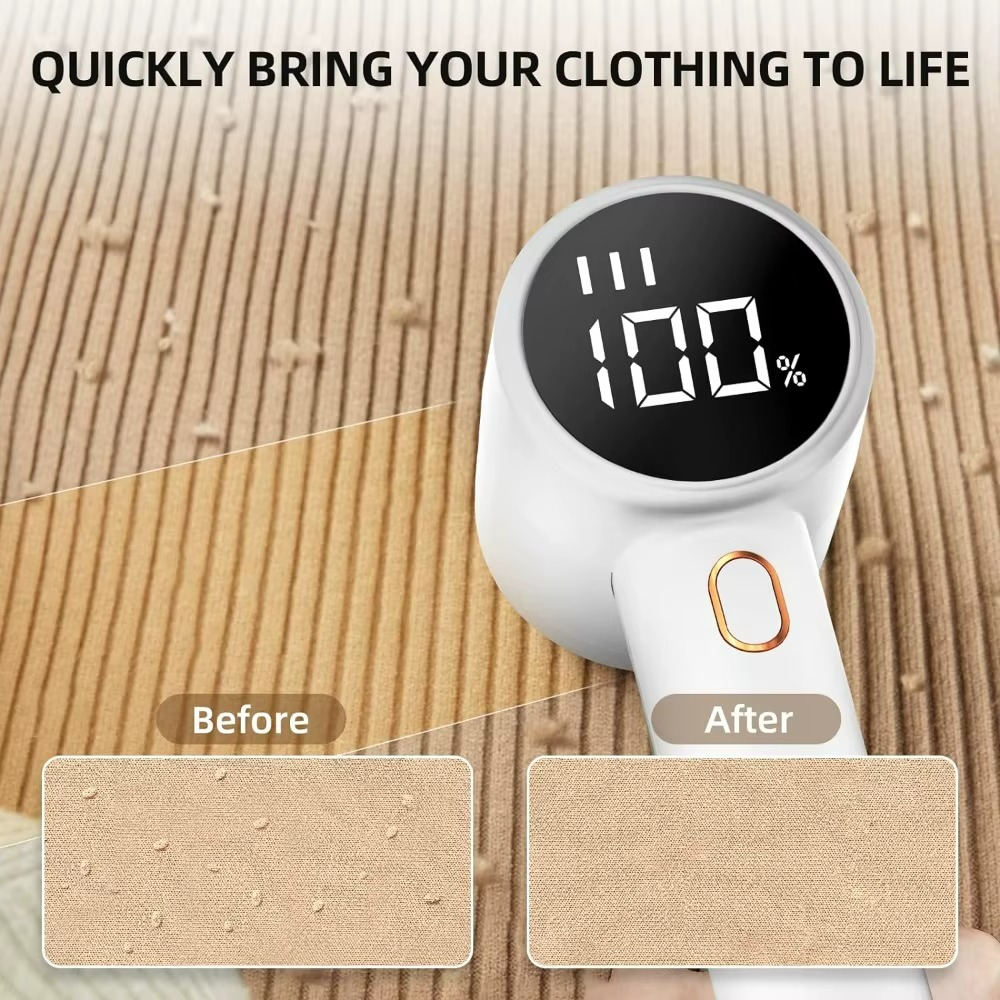 Electric Lint Remover, LCD Digital Display, Removes Hair for 3 Adjustable Power Levels, 6 Blades for Various Fabrics, White