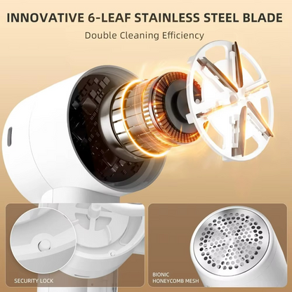 Electric Lint Remover, LCD Digital Display, Removes Hair for 3 Adjustable Power Levels, 6 Blades for Various Fabrics, White