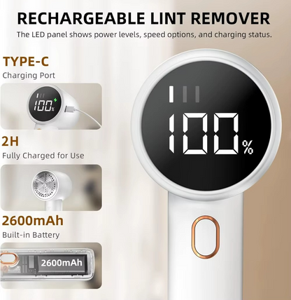 Electric Lint Remover, LCD Digital Display, Removes Hair for 3 Adjustable Power Levels, 6 Blades for Various Fabrics, White