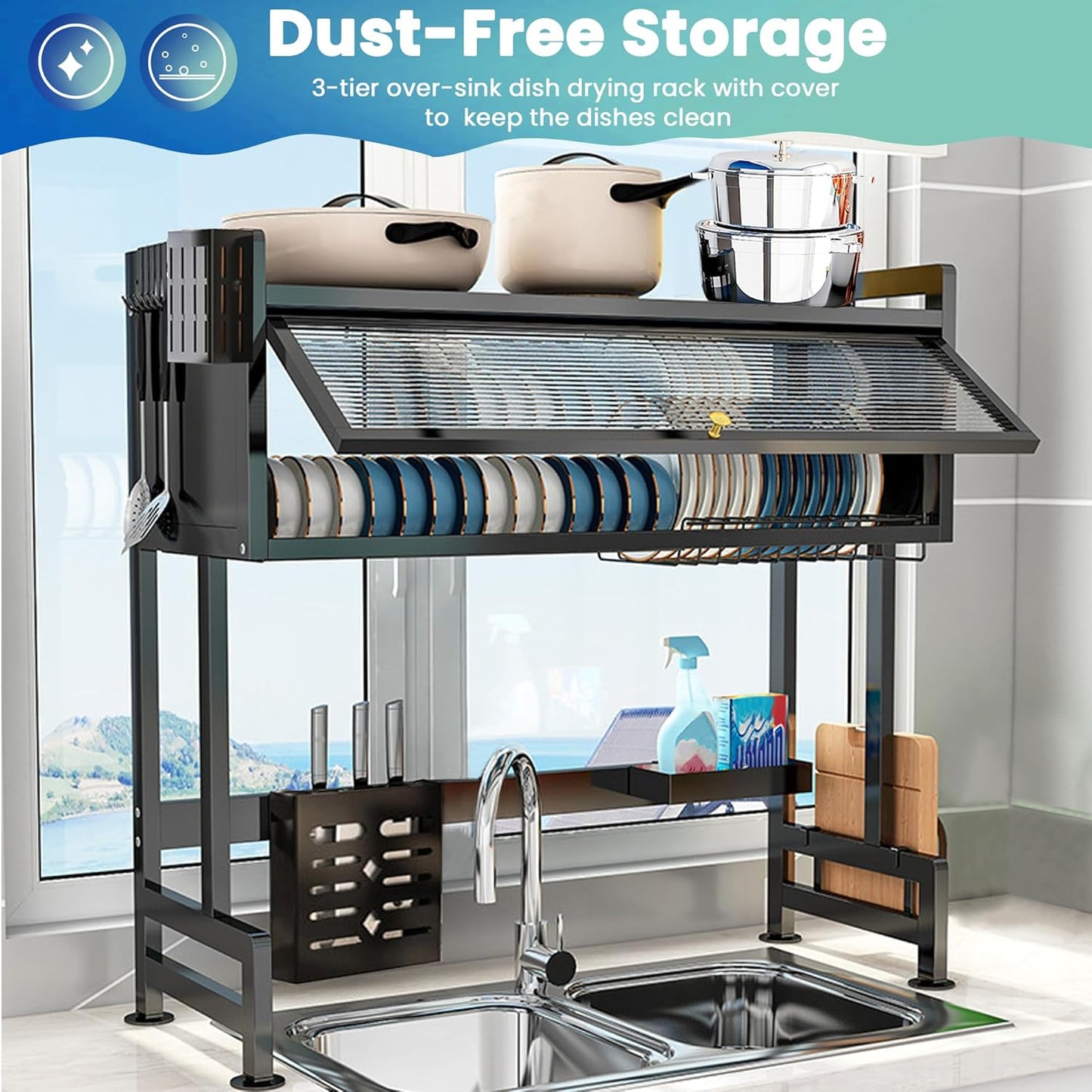3-Tier Stainless Steel Dish Drying Rack with Cover – Space-Saving and Perfect for Organized Kitchens