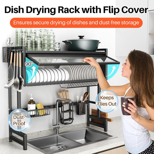 3-Tier Stainless Steel Dish Drying Rack with Cover – Space-Saving and Perfect for Organized Kitchens